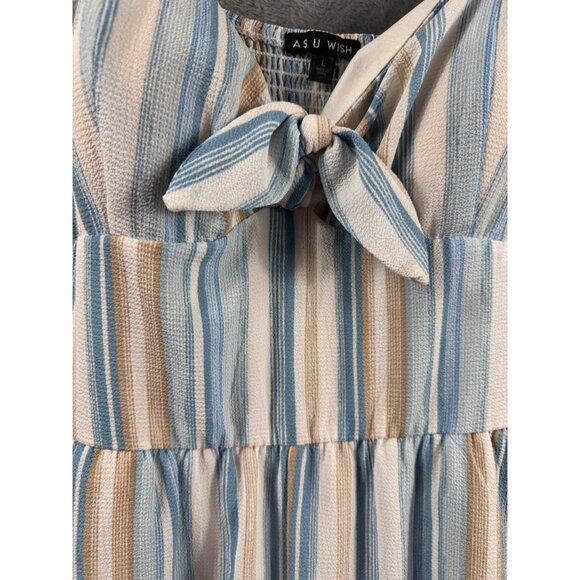 Womans Jumpsuit Striped With Bow Front By As U Wish Size L Blue & Beige - Picture 4 of 15